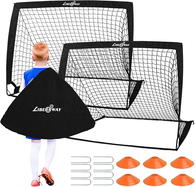 LIBERRWAY Soccer Goal 4'x 3' Portable Kids Soccer Goals for Backyard or Indoor Pop Up Soccer Net with 6 Training Cones, Carrying Bag, 8 Ground Stakes