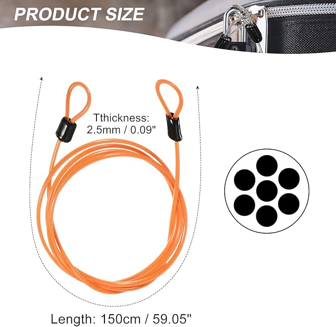 MECCANIXITY Security Steel Cable Lock, Safety Cable Flexible Wire Rope Luggage Lock 5feet 2.5mm Vinyl Coated Braided Steel with Double Loop for Bike Bicycle U-Lock Padlock Orange