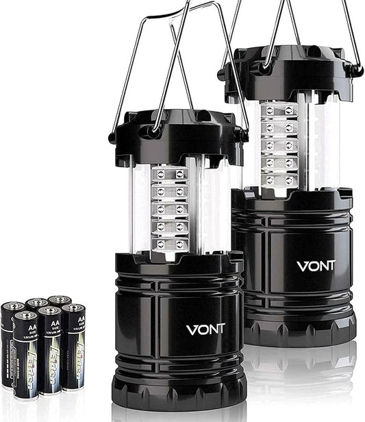 Vont LED Camping Lantern, LED Lanterns, Suitable Survival Kits for Hurricane, Emergency Light for Storm, Outages, Outdoor Portable Lanterns, Black, Collapsible, (Batteries Included)