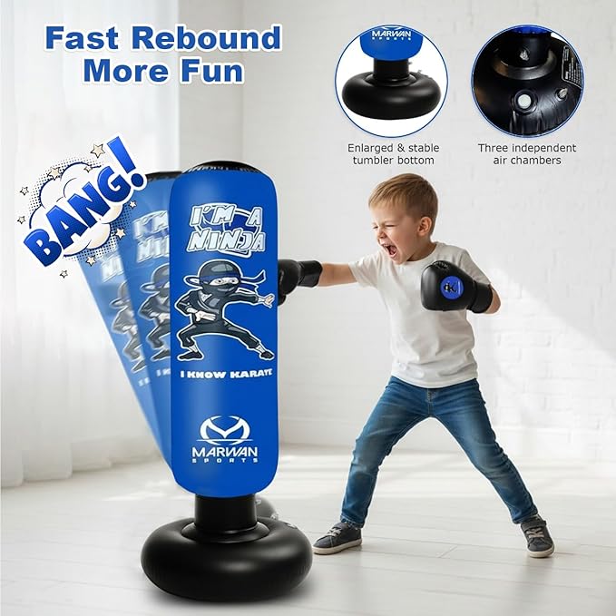 Marwan Sports 5-in-1 Inflatable Punching Bag for Kids – 63" Karate Toy Set with Boxing Gloves, Durable Fast Rebound, Active Play, Stress Relief Christmas/Birthday Gift for Boys & Girls Ages 4-12