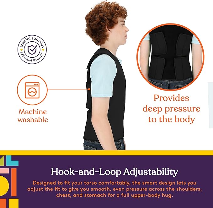 Special Supplies Sensory Compression Vest Deep Pressure Comfort (Black, Large)