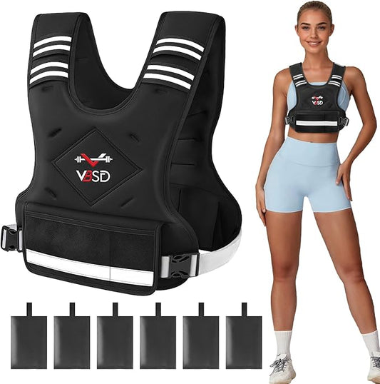 VBSD Adjustable Weighted Vest for Women Men 4-10lb/11-20lb/20-32lb Vest with 6 Ironsand Weights Body Weight Vest with Reflective Strip for Running Walking Strength Training Workouts