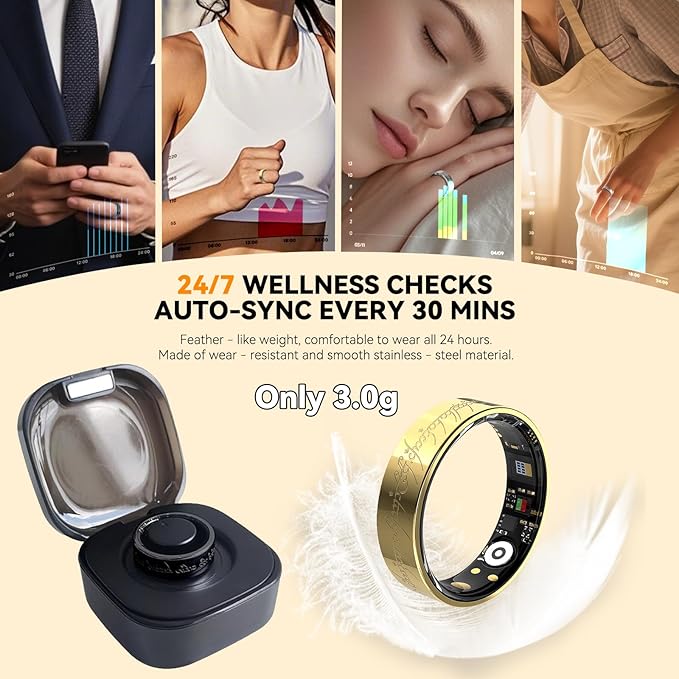 Ultra Smart Ring for Women Men,Health Fitness Tracker with Sleep/Blood Pressure/Oxygen Monitoring, Heart Rate & Activity Tracking,IP68 Waterproof, 5+Day Battery,No Subscription Fee 1-Gold 11