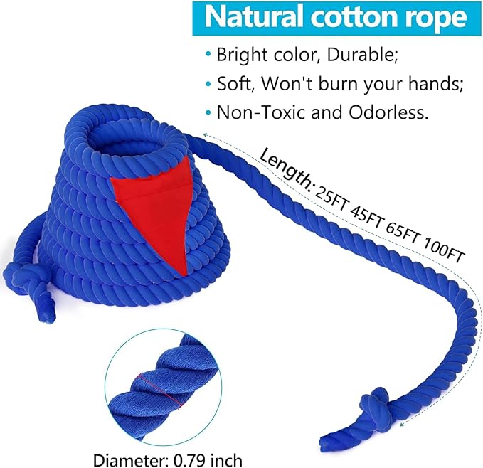 Tug of a War Rope for Kids and Adult, Tag o War Ropes with Flag for Outdoor, Outside Carnival, Lawn, Field, Team Building Game, Safety Cord for School and Church, Blue 45FT