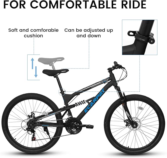 24/26/27.5 Inch Mountain Bike, Dual Full Suspension 21 Speed Womens Mens Mountain Bikes, Commuter Bike with Carbon Steel Frame and Dual Disc Brakes