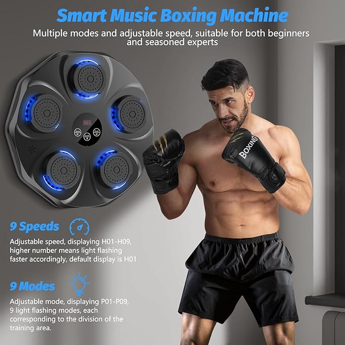 Music Boxing Machine, Interactive Punching Trainer with Boxing Gloves, Large Size Wall Mounted Electronic Boxing Target for Kids, 9 Modes & 9 Speeds