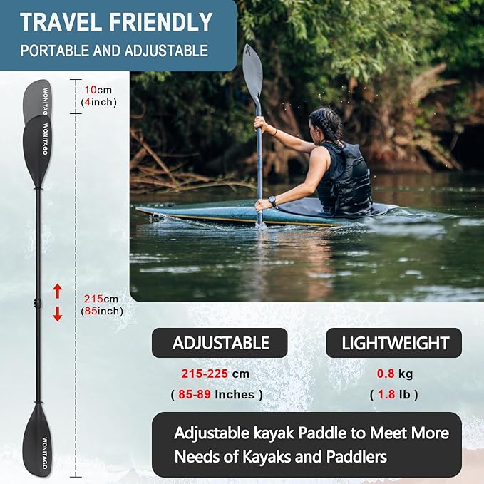 Full Carbon Fiber Kayak Paddle with Large Paddle Blade, 2-Piece, Floating Adjustable Kayak Paddles with Paddle Bag, 215-225 cm/85-89 Inches
