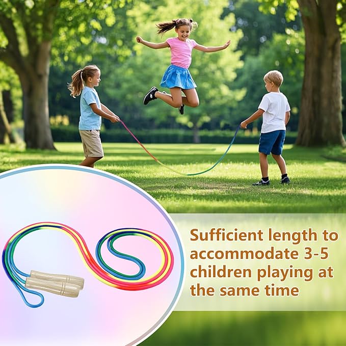2 PCS Long Jump Ropes, 16 FT Adjustable Skipping Rope for Kids, Double Dutch Jumping Ropes, Rainbow Jump Rope with Wooden Handle, Nylon Jumping Rope for Outdoor Fun, Party Game