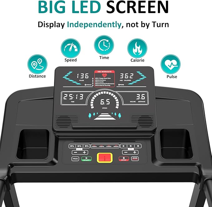 Impremey Foldable Treadmill with Incline 15 Levels for Home Exercise, Smart Heart Rate Control Walking or Running with Pulse Monitor Armband, Big Led Screen, 10 Mph, 350 lbs Capacity