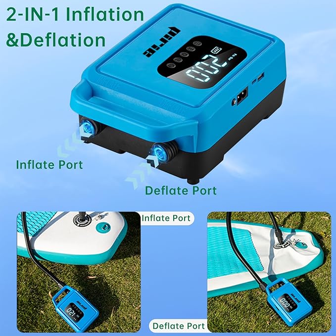 PIRIE Electric Paddle Board Pump,with Auto-Off Intelligent Dual-Stage Inflation & Deflation, for Kayaks and Boats