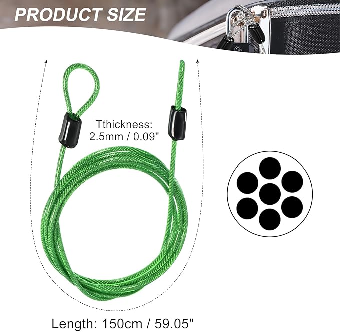 MECCANIXITY Security Steel Cable Lock, Safety Cable Flexible Wire Rope Luggage Lock 5feet 2.5mm Vinyl Coated Braided Steel with Double Loop for Bike Bicycle U-Lock Padlock Green