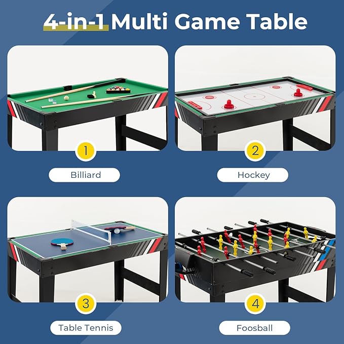 GYMAX 4 in 1 Multi Game Table, 49" Combo Game Table with Foosball Table, Pool Billiards, Air Hockey & Table Tennis for Kids Adults Family Game Room