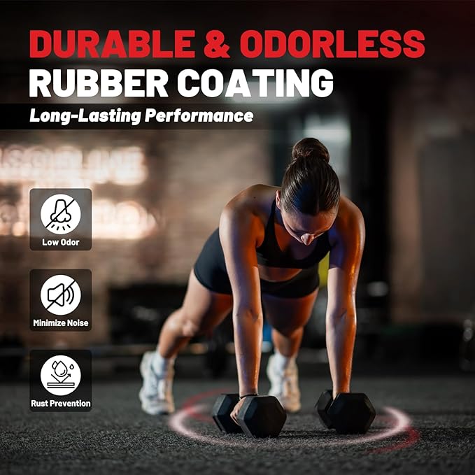 PAPABABE Dumbbell Set with Rack, Rubber Encased Hex Dumbbell Free Weights Dumbbells Set with Storage Rack, Home Weight Set