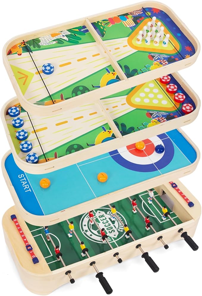 4-in-1 Multifunction Tabletop Football Table- Portable Mini Table Football/Soccer Game Set with Bowling Curling and Fast Sling Puck Game for Adults and Kids