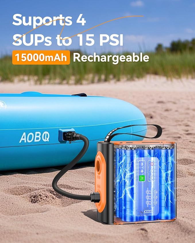 Paddle Board Pump Electric Portable, 15000mAh Rechargeable 22PSI SUP Pump, Pool Inflatable Pump，Sup Air Pump with Auto-Off,Deflation Function for Pool Inflatables, Kayaks，Boats，Wind Wings, SUPs