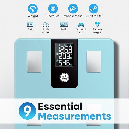 GE Smart Scale for Body Weight, BMI, Fat, Muscle Mass with All-in-one LCD Display, Digital Bathroom Scale Bluetooth Body Composition Analyzer with App, Accurate Weighing 400 lb Blue