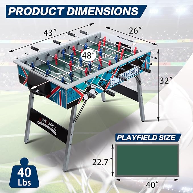 48in Foosball Table, Competition Sized Soccer Table w/ 2 Balls, 2 Cup Holders 2x4ft for Kids, Adults, Suit for 4 Players, Football Table for Home, Game Room, Arcade