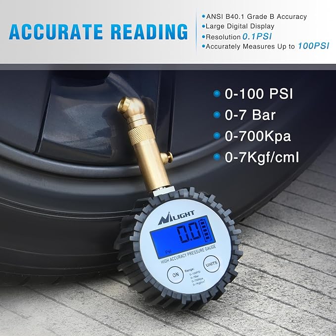 Nilight Digital Tire Pressure Gauge 100PSI Heavy Duty Stainless Steel Air Chucks ANSI 2A Certified Large Dial Wheel Service Checker for Truck Semi Truck ATV Motorhome Cars & RV Accessories