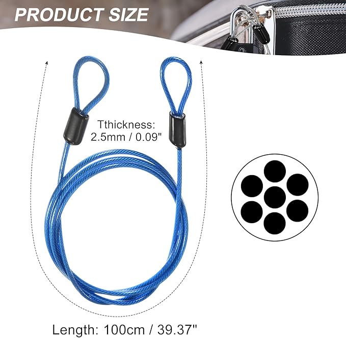 MECCANIXITY Security Steel Cable Lock, Safety Cable Flexible Wire Rope Luggage Lock 3.3feet 2.5mm Vinyl Coated Braided Steel with Double Loop for Bike Bicycle U-Lock Padlock Blue