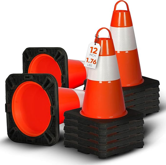 Pyle 12" PVC Traffic Cones, 12-PackSafety Cones for Parking, Construction & Roadwork, High-Visibility Orange, Durable, Stackable Design, Heavy-Duty Base for Stability in All Weather