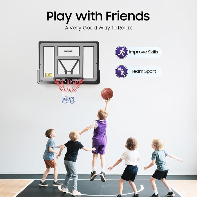 44'' Basketball Backboard and Rim Combo, Wall Mounted Hoops with PET Shatter Proof Backboard and Durable Rim, All-Weather Net for Indoor and Outdoor Use
