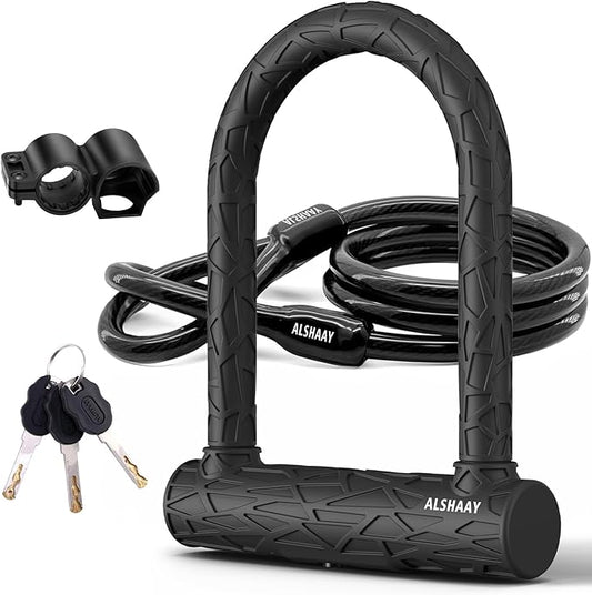Heavy Duty Bike U Lock - Super Strong 12 Ton Shear, 20mm U Shape Lock Anti-Theft Silicone Covered Electric Scooter Lock Keyhole with Sliding Cover 4ft Steel Cable with Mounting Bracket and 3 Keys(S)