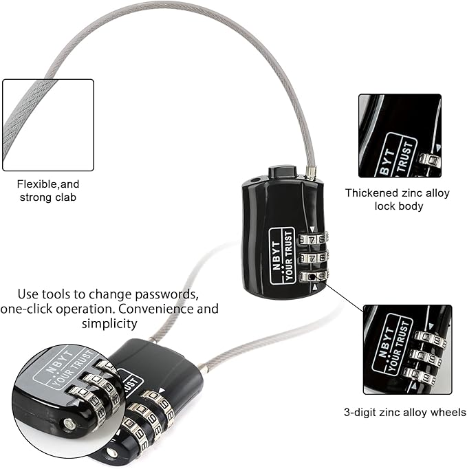 Wire Combination Lock Padlock, Wire Diameter 3/24", 8.3" Circumference, Suitable for Travel Luggage, Backpack, Cycling Helmet, Small Cabinet, Gym Cabinet, Suitcase