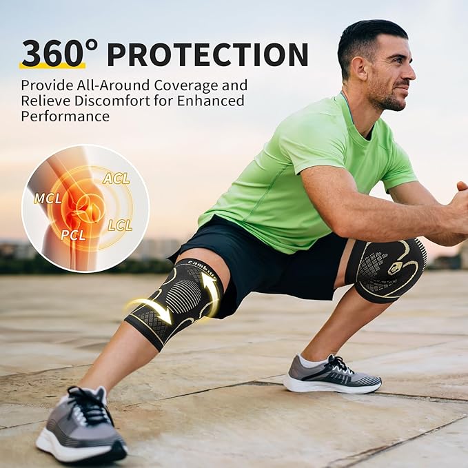 CAMBIVO 2 Pack Copper Knee Braces for Knee Pain, Knee Compression Sleeve for Men and Women, Knee Support for Meniscus Tear, Running, Weightlifting, Workout, ACL, Arthritis, Joint Pain Relief (Gold, Small)