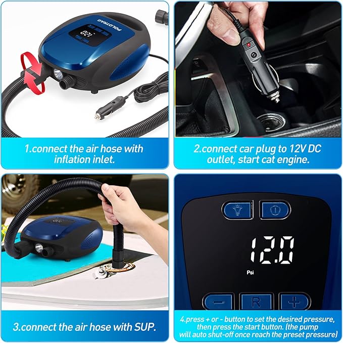 Paddle Board Pump, SUP Electric Pump, Professional 20 PSI Portable Air Compressor with Auto-Off, Deflation Function and 12V DC Car Cigarette Lighter for Inflatables, Kayaks and Boats