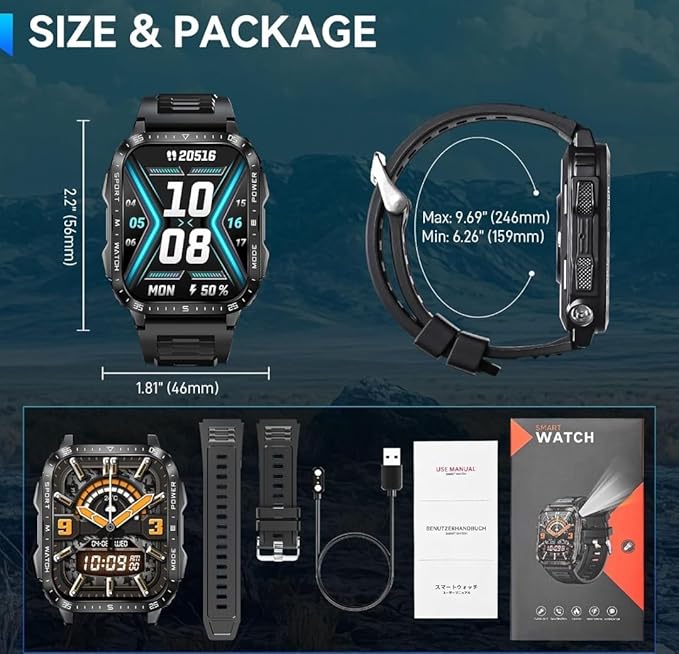 KT79 Military Smart Watch for Men with LED Flashlight Watch 2.0'' Big Screen Tactical Smartwatch Fitness Tracker with Heart Rate Sleep Monitor Make Calls for iPhone Android (Black)