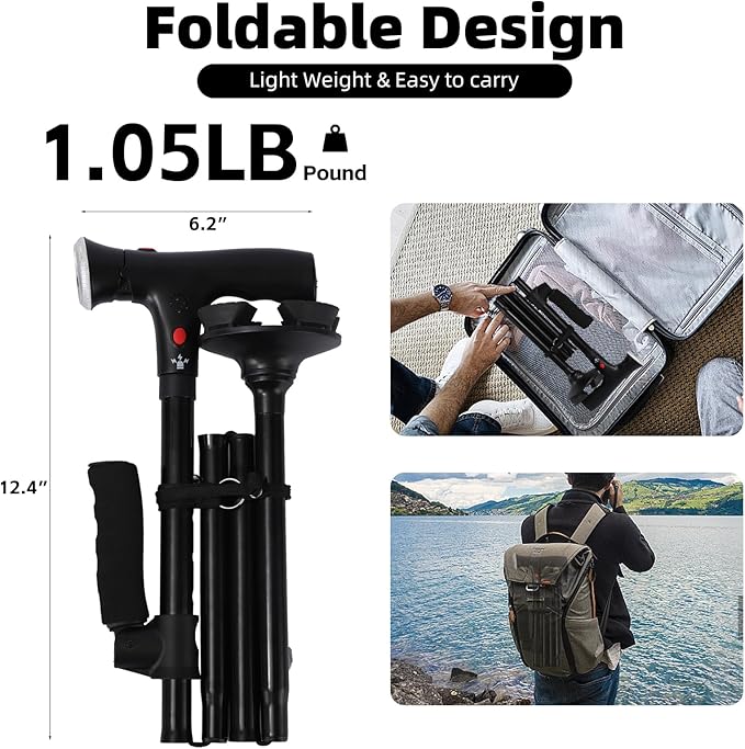Walking Stick，Walking Canes for Women & Men，Folding Cane with Led Light and Alarm, with Side Handle, Collapsible Cane Lightweight, Free Self Standing Foldable Stick for Seniors & Adults
