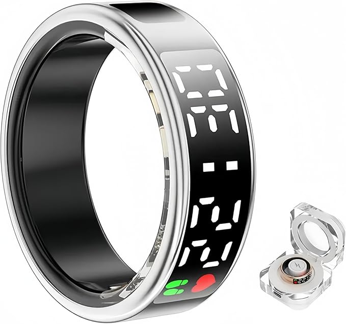 Smart Ring Health Fitness Tracker, Touch Screen Smart Ring for Men and Women, Sleeping Steps Heart Rate Blood Oxygen Monitor, Remote Photography LED Display Ring Waterproof Fitness Ring (Silver, 10)