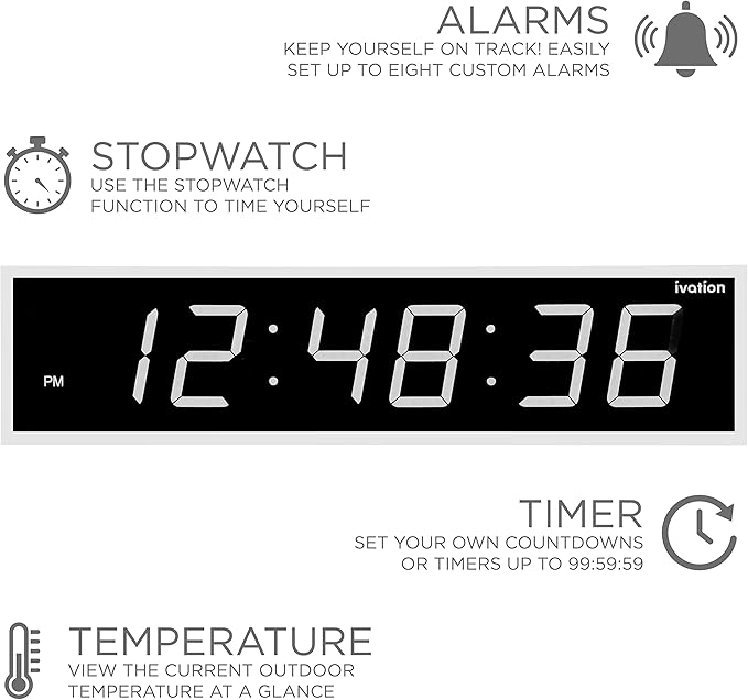 Ivation Oversized 36" Large Digital LED Clock | Big Digital Clock w/Multi-Function Display – Stopwatch, Timer, Alarms, Temp & Date | 6 Brightness Levels, Time Memory & Remote (White)