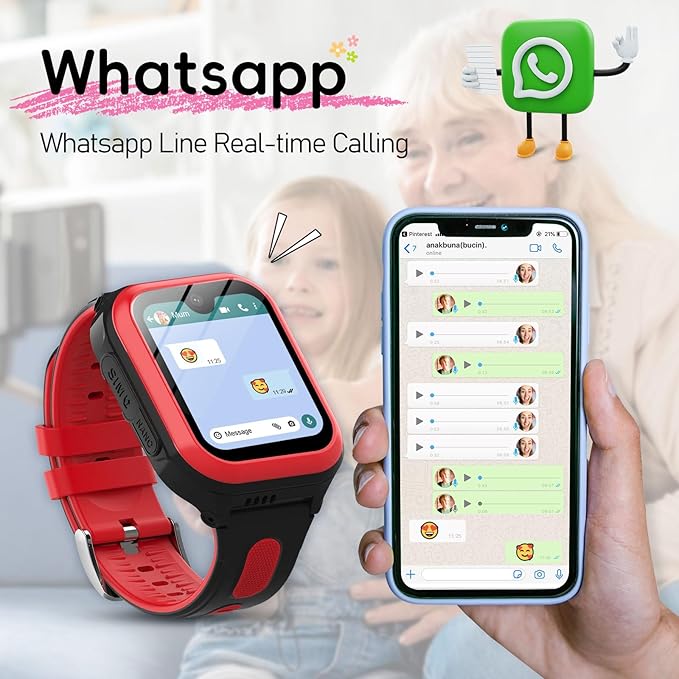 Wonlex 4G GPS Smartwatch for Kids, 1.78" AMOLED Touchscreen Phone Watch with SIM Card, Video Calls, Voice Chat, SOS, Camera, Music, Pedometer, Game, Birthday Gift for Girls Boys Ages 8-15(Red)