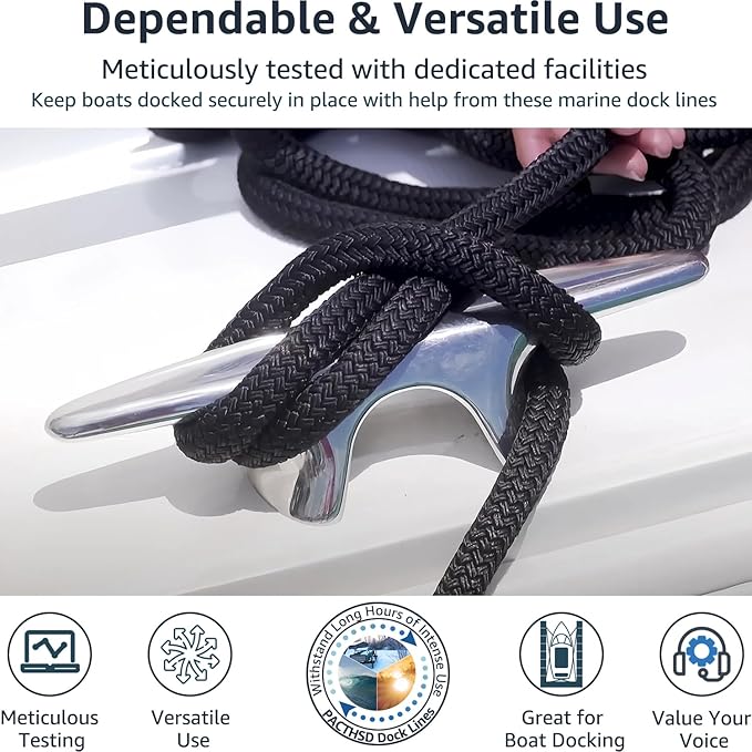 2 Pack 1/2" x 25' Boat Dock Lines - Marine Grade Nylon Boat Rope with 12" Loop for Docking and Mooring - Double Braided Boat Lines, High Strength, Easy Handling, Fray Resistant - Black