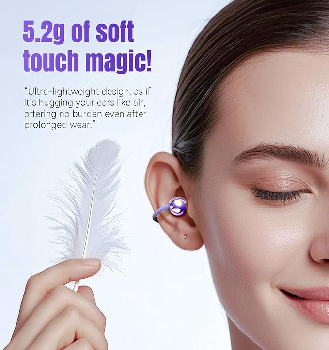 King Lucky Clip on Earbuds Open Ear Wireless Bluetooth 5.4 Headphones with Mic, 50H Play, Noise Cancelling, Waterproof, Comfortable for Small Ears & Glasses Wearers, Sports, Workouts, Purple