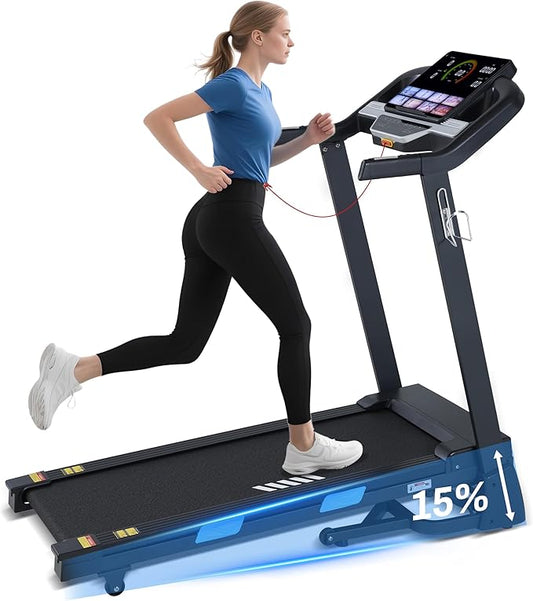 Auto Incline Treadmill - 300+ LBS Capacity 3.5HP Folding Treadmills with 15% Auto Incline, Running Machine for Home, 10 MPH Speed, 36 Preset Programs, Upgrade LCD Panel, Bluetooth App