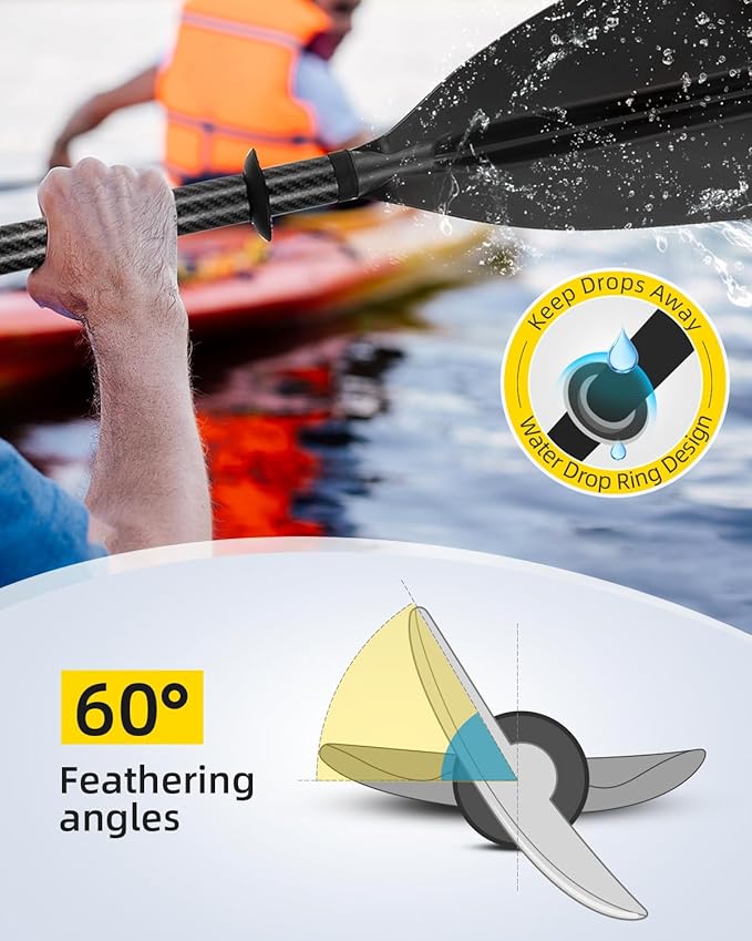 OCEANBROAD Adjustable Carbon Fiber Kayak Paddle 86in/220cm to 94in/240cm Kayaking Oar for Adults with Paddle Leash 1 Paddle