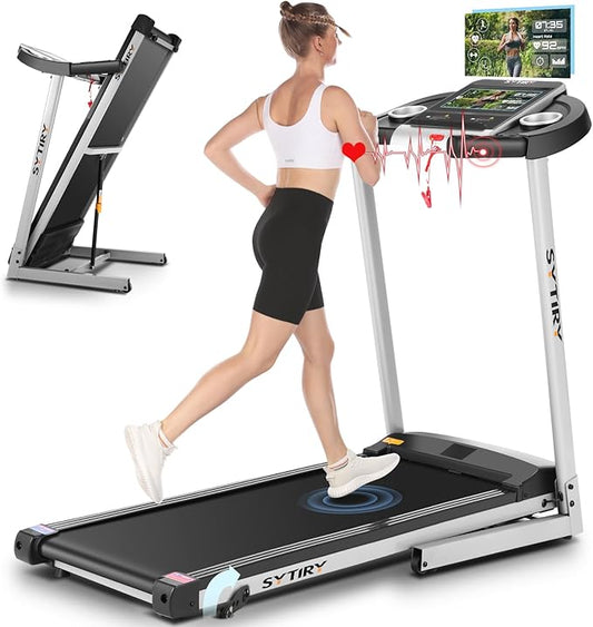 SYTIRY Incline Treadmills for Home with TV Screen and WiFi, 3.25HP Smart Walking Pad Treadmill with Incline, Heavy Duty Foldable Electric Running Machine with 10” Touchscreen, 3D Virtual Sports Scenes