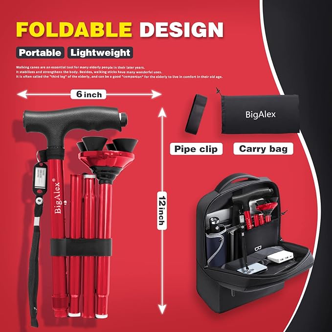 BigAlex Folding Walking Cane with LED Light,Pivoting Quad Base,Adjustable Walking Stick with Carrying Bag for Men/Women(5'5''-6'3'' Red)
