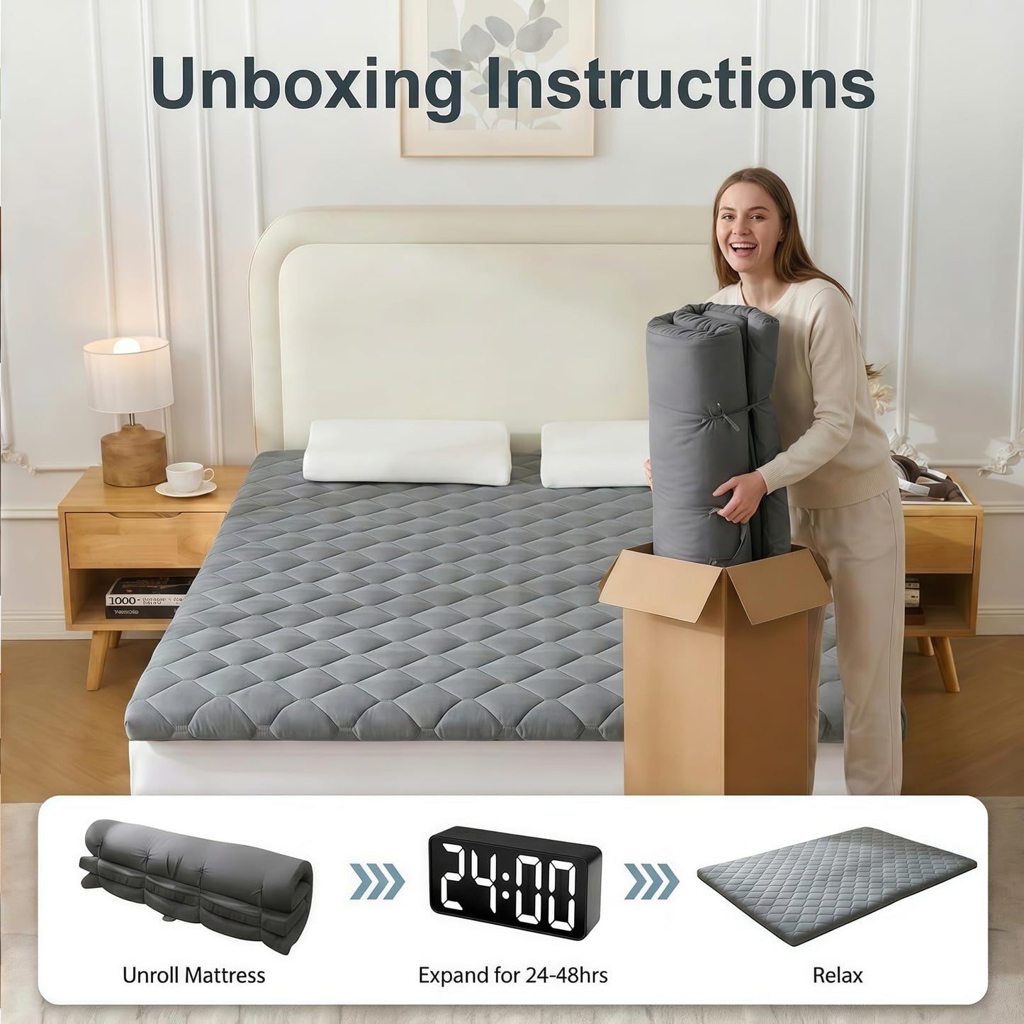 DOWNSTORIA Japanese Floor Mattress, Futon Mattress Roll Up Tatami Mat with Handle, Foldable Floor Bed Sleeping Pad for Camping, Twin Size, Grey(39x75)