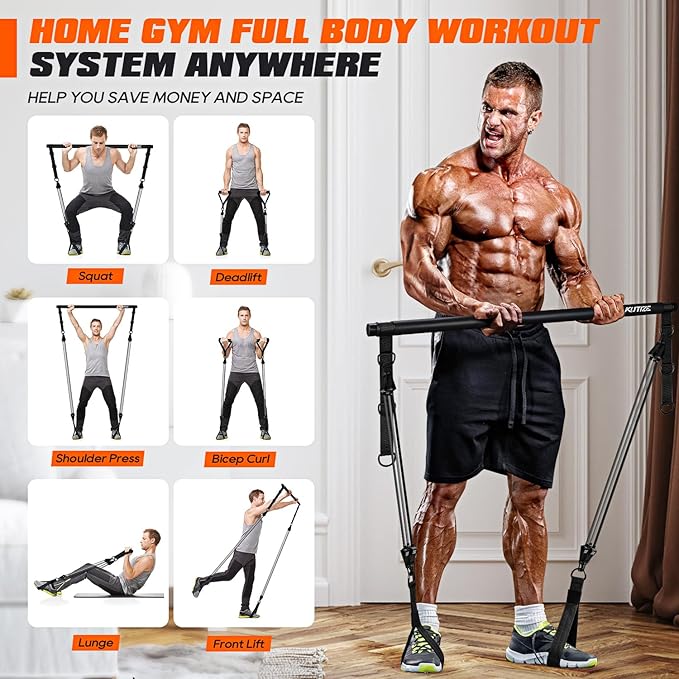 Pilates Bar Kit with Resistance Bands, Heavy Duty Pilates Equipment for Men, Strength Training Bar for Legs, Hip, Back, Arm, Abs, Chest, Shoulders, Portable Home Gym Full Body Workout Equipment