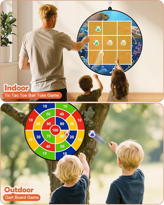 Carnival Games Set, Outdoor Giant Tic Tac Toe Games, Soft Plastic Cones Bean Bags Ring Toss Game Combo Set, 26" Dart Board with Sticky Balls for Kids Adults Family Indoor Lawn Yard Birthday Party