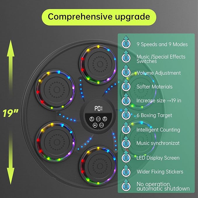 Music Boxing Machine Smart Bluetooth Boxing Equipment for Adults and Kids Home Gym Workout Exercise（2 Pairs of Gloves） (‎Colorful Light)