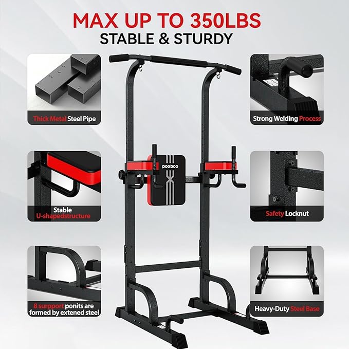 Pooboo Power Tower Dip Station Pull Up Bar for Fitness Home Gym Workout,Multi-Function Adjustable Height Fitness Strength Training Exercise Equipment,with Power Elastic Ropes