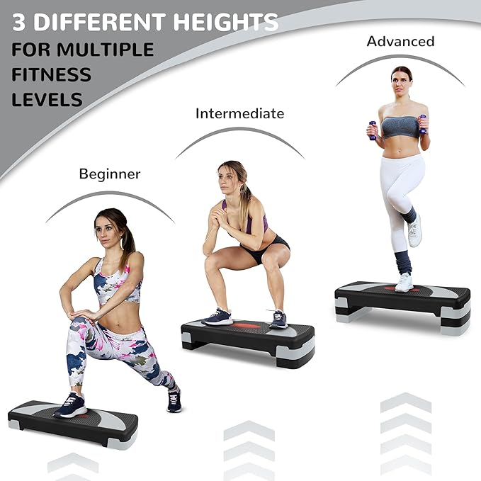 Fitvids Step Aerobic Platform, 31" Exercise Step with 3 levels Adjustable Height, 4 Stackable Risers, Fitness Training Workout Stepper for Home Gym, Cardio Strength, Black & Pink