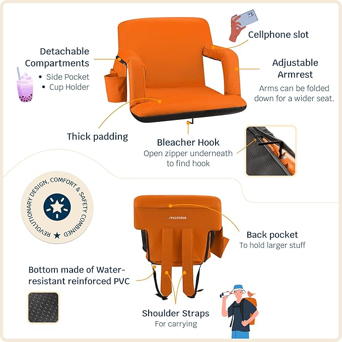 Alpcour Reclining Stadium Seat – Wide Bleacher Chair with Back Support and Cushion, Armrests, Side Pockets, and Bleachers Hook – Best Stadium Seats Chairs for Camping, Kayak, & Paddle Board Backs