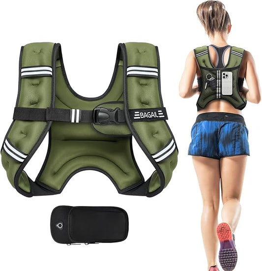 BAGAIL Weighted Vest, 5lbs/8lbs/10lbs/12lbs/15lbs/20lbs/25lbs/30lbs Weight Vest with Detachable Phone Pouch, Rucking Vest for Women, Men, Walking, Weight Loss, Training, Running