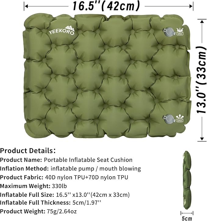 Inflatable Seat Cushion, Lightweight Camping Air Sitting Pad with Repair Cloths, Waterproof Air Cushion, Portable Air Seat Cushion for Climbing Hiking Office Airplane Car Stadium Seat