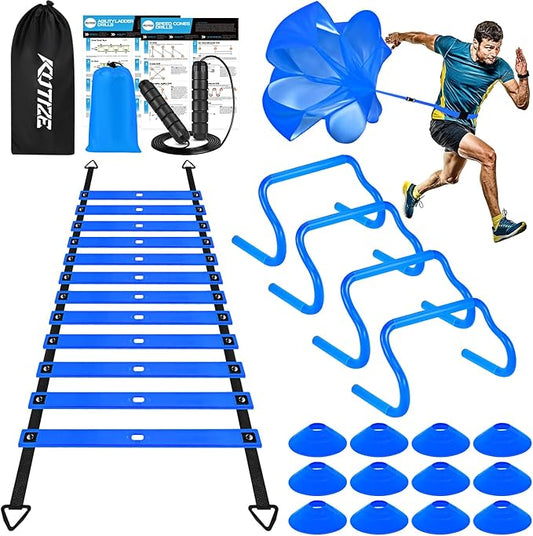 Agility Training Equipment, Soccer Training Equipment, Agility Speed Training Set for Kid Youth Adult, 20FT Agility Ladder, 4 Hurdles,12 Soccer Cones, Jump Rope, Running Parachute, Drill Charts